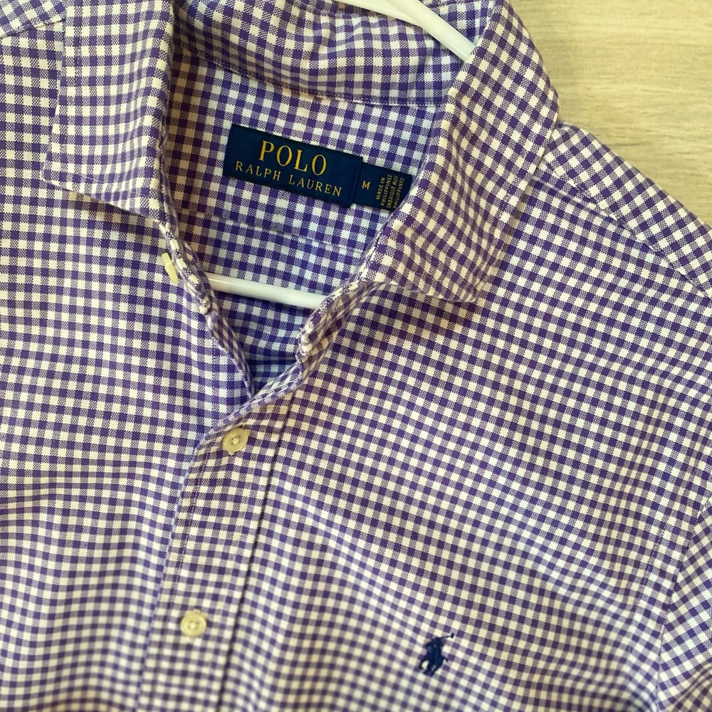 Polo Button Down Squared Plaid Light Purple Shirt